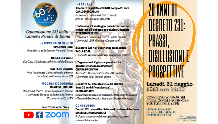 CONVEGNO DECRETO LGS. 231 DEL 31 MAGGIO 2021 SU PIATTAFORMA
